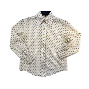 Vintage 70s Permanent Press Shirt Mens SM Yellow Print Point Collar Hong Kong